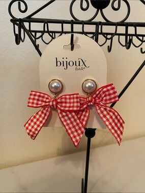 Bijoux Bar Red Gingham Bow Pearl Drop Earrings